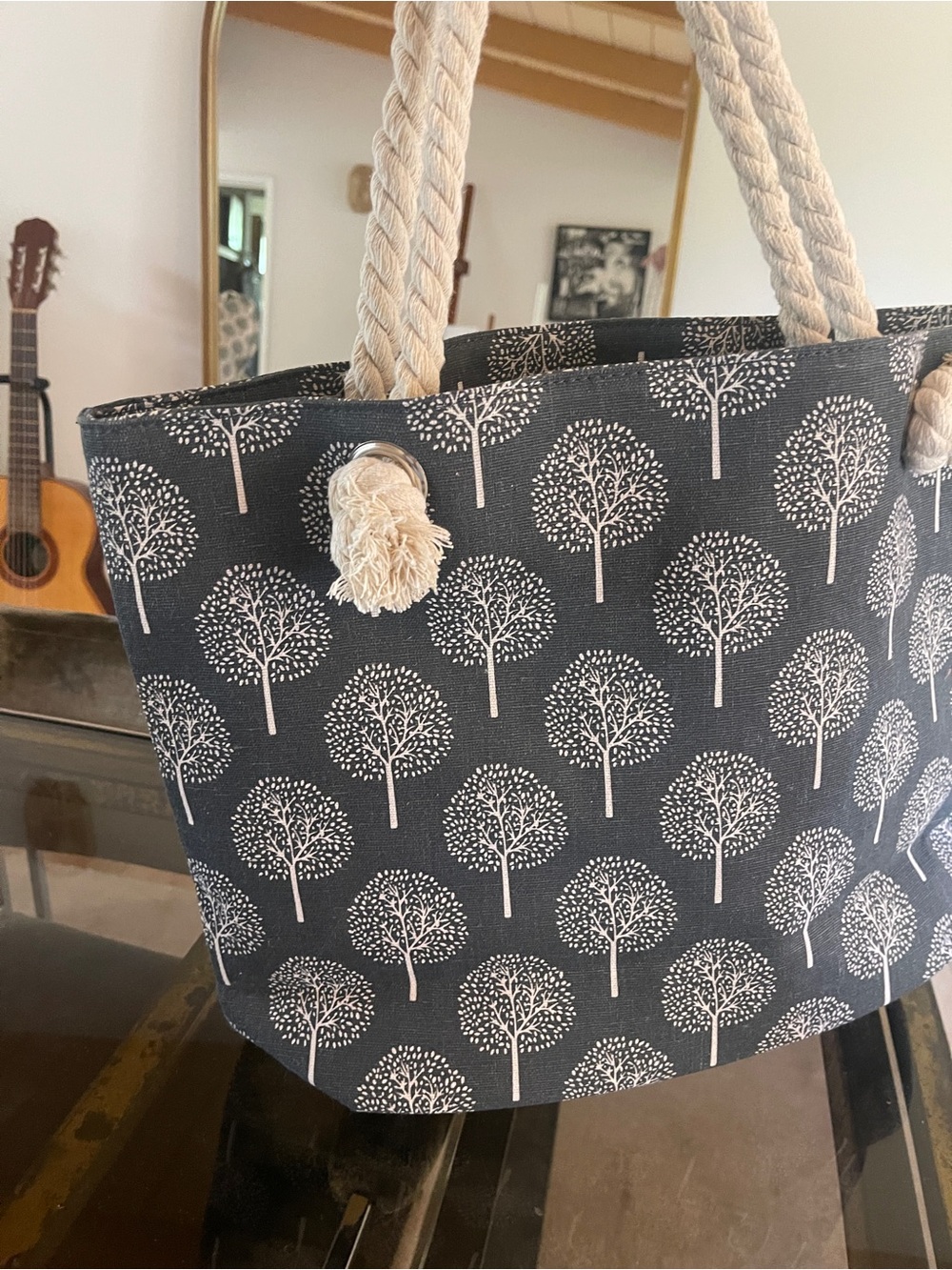 Canvas Tree Print Rope Handle Tote Bag - Navy